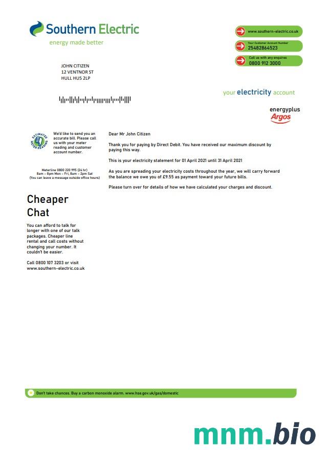 United Kingdom Southern Electric proof of address rachunek za media szablon w formacie Word i PDF